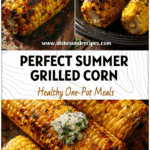 Charred corn on the cob topped with creamy herbed butter on a summer grill platter.